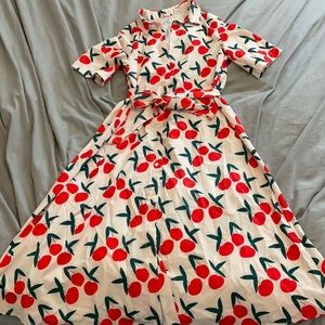 🍒Cherry Print Swing Collared Button Up Dress🍒